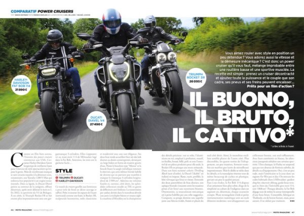 Moto Magazine 401 comparatif Ducati Diavel V4 Triumph Rocket 3 R Harley-Davidson Fat Bob 114 {JPEG}