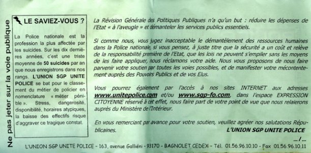 Action SGP Police : le tract de la colère (verso)
